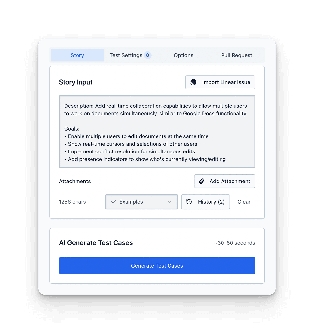 TestStory AI test case generation interface showing user story input and AI-generated test cases